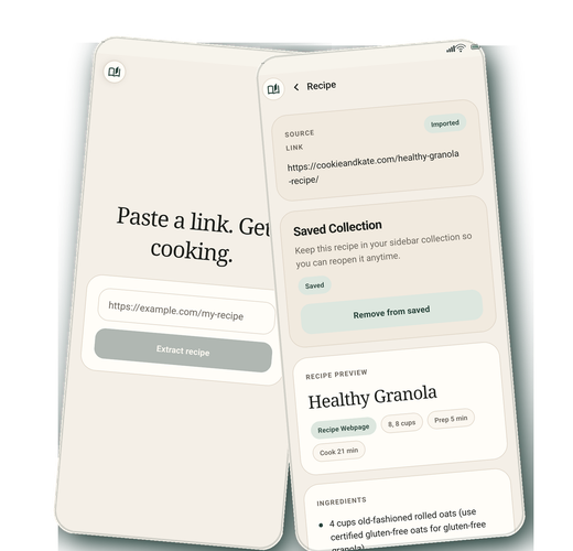 Two LinkDish app screens showing a cleaned recipe view, saved recipe details, cooking steps, and nutrition information.